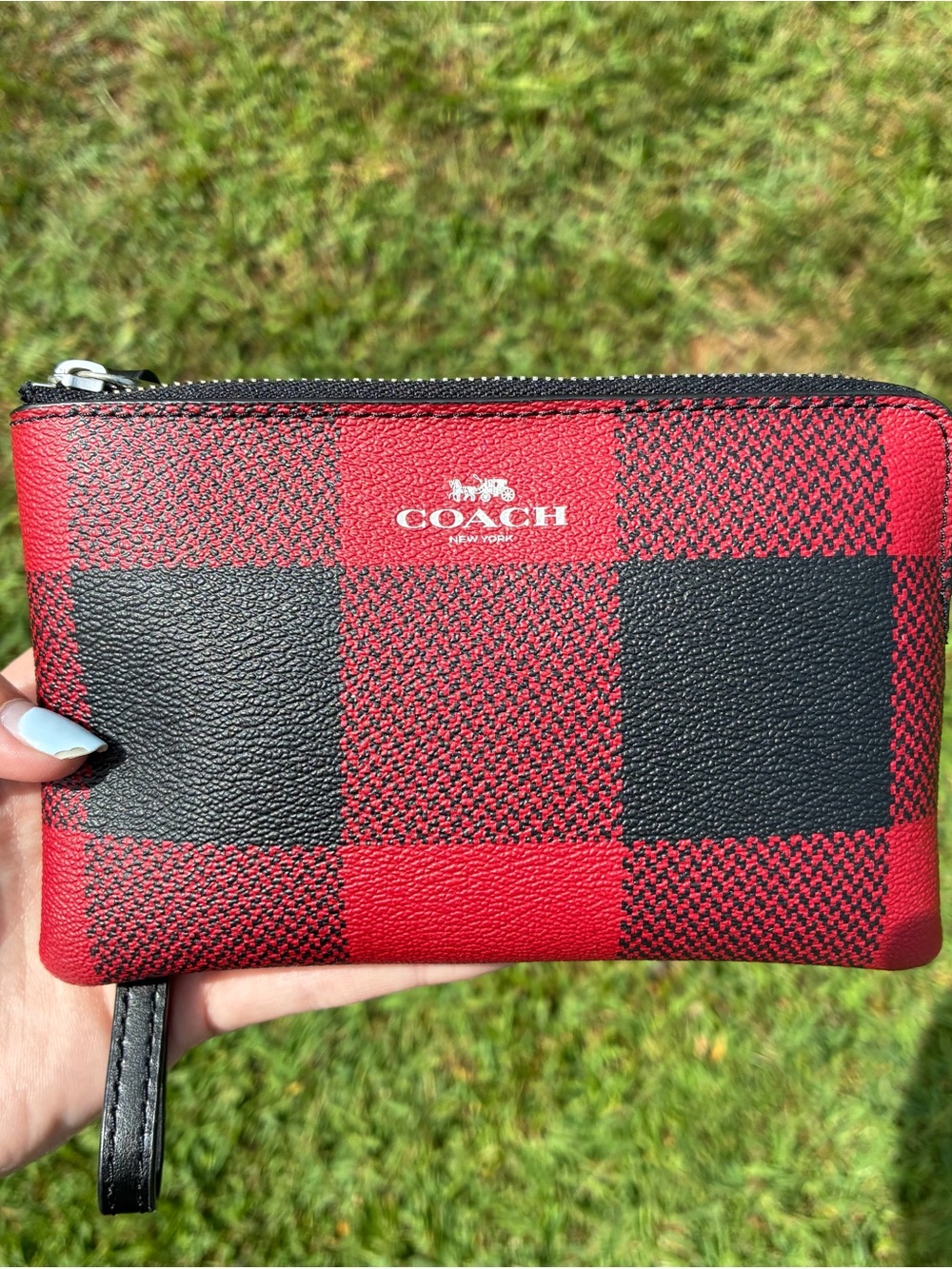 COACH Red and Black Buffalo Check Leather Wristlet Pouch